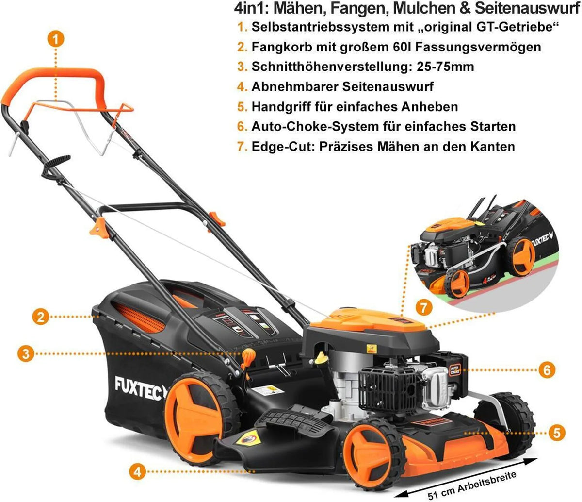 FUXTEC FX-RM5196 – 4in1 Benzin-Rasenmäher mit Antrieb, 196 ccm, 6 PS