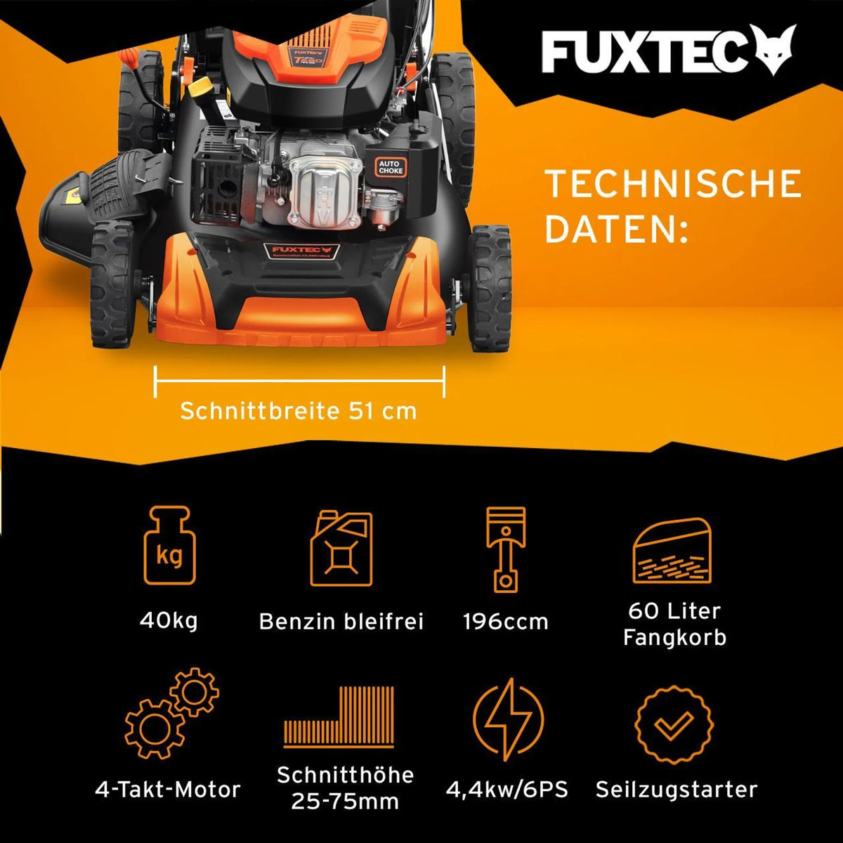 FUXTEC FX-RM5196 – 4in1 Benzin-Rasenmäher mit Antrieb, 196 ccm, 6 PS